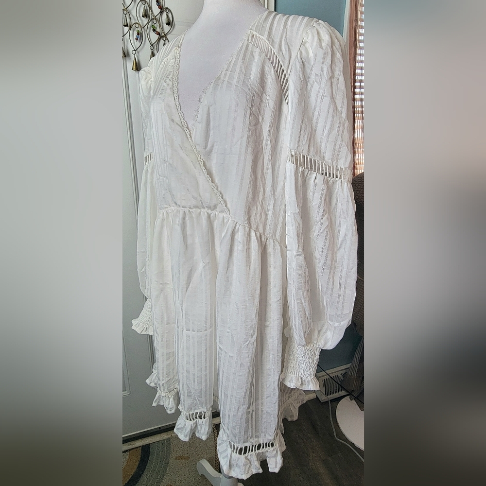 House of Harlow 1960 X Revolove Maxine Mini Dress Women's L Eggshell Puff Sleeve - Picture 2 of 15